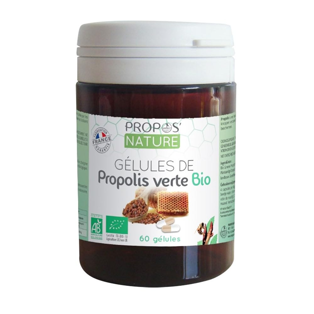 Green Propolis Organic Vegetable Capsules - 100mg/capsule - 60 capsules - No colouring or preservatives - Certified organic - Organic Farming - PROPOS'NATURE