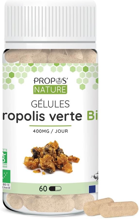 Green Propolis Organic Vegetable Capsules - 100mg/capsule - 60 capsules - No colouring or preservatives - Certified organic - Organic Farming - PROPOS'NATURE