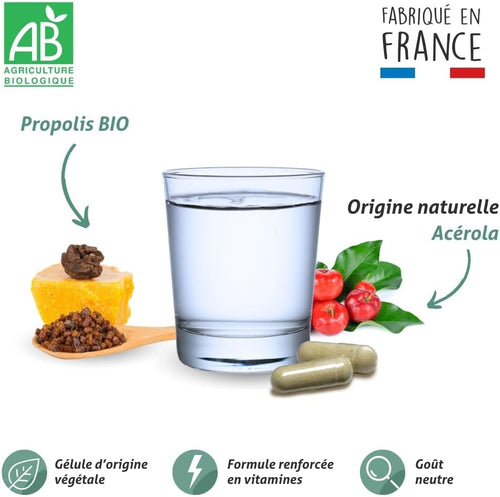 BLANCHE BRESSON - Organic Propolis - Energy & Immunity - Organic Acerola - Natural Vitamin C - Fights Fatigue & Season Change, Vitality - 60 Capsules - 30 Day Treatment - Made in France