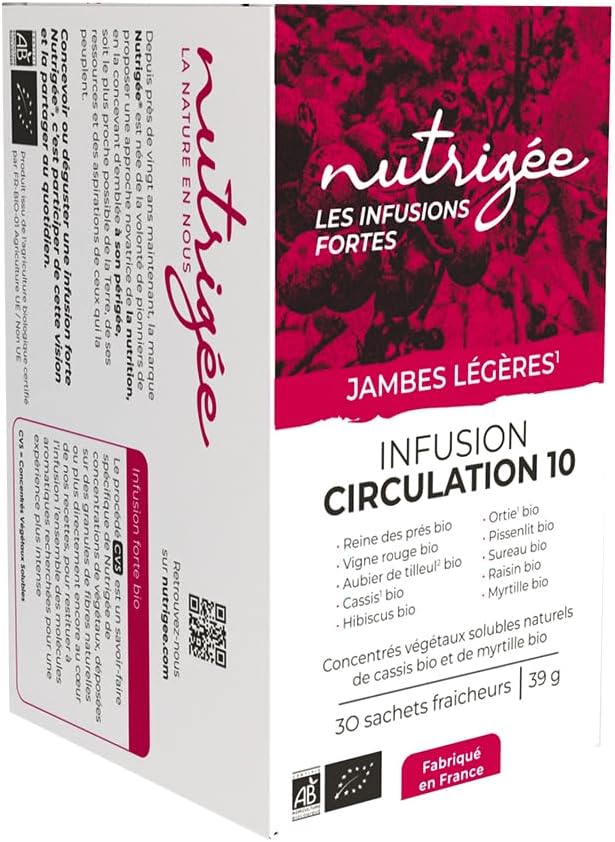 Infusion Circulation 10 Bio | Light Legs, Venous Tone, Drainage & Natural Detox | Red Vine, Blackcurrant, Hibiscus, Nettle, Organic Elderberry, Grape, Blueberry, Organic Meadowsweet | 30 Sachets