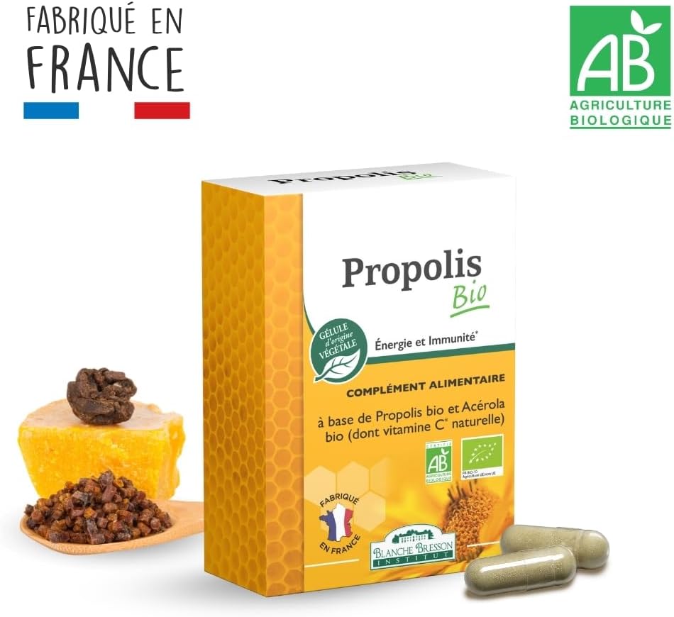 BLANCHE BRESSON - Organic Propolis - Energy & Immunity - Organic Acerola - Natural Vitamin C - Fights Fatigue & Season Change, Vitality - 60 Capsules - 30 Day Treatment - Made in France
