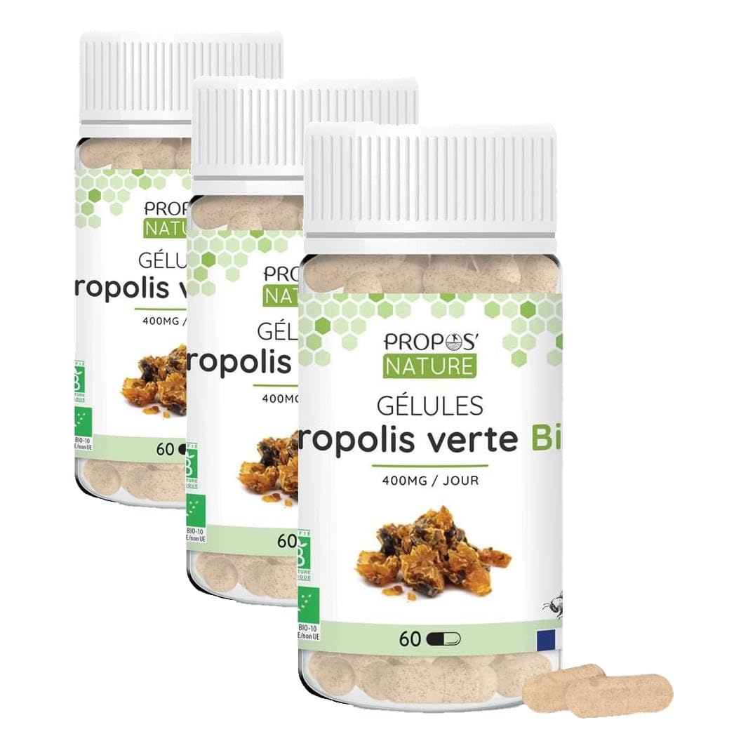 Green Propolis Organic Vegetable Capsules - 100mg/capsule - 60 capsules - No colouring or preservatives - Certified organic - Organic Farming - PROPOS'NATURE