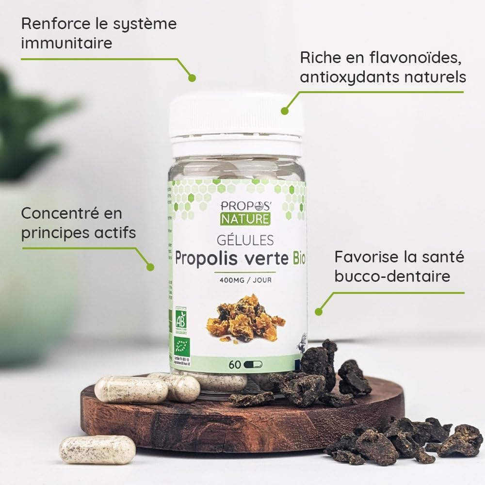 Green Propolis Organic Vegetable Capsules - 100mg/capsule - 60 capsules - No colouring or preservatives - Certified organic - Organic Farming - PROPOS'NATURE