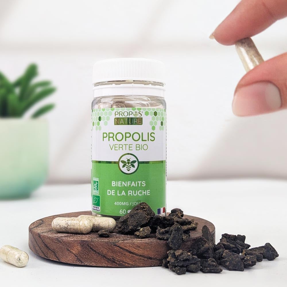 Green Propolis Organic Vegetable Capsules - 100mg/capsule - 60 capsules - No colouring or preservatives - Certified organic - Organic Farming - PROPOS'NATURE