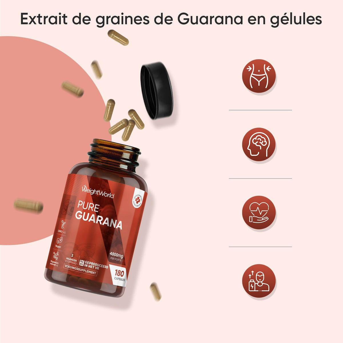 Guarana 4800 mg - 180 Vegan Capsules for 3 Months - Natural Source of Caffeine, Vitamin C, E, A, B1, B2, Calcium - Alternative to Guarana Powder & Regular Coffee, Magnesium Stearate Free