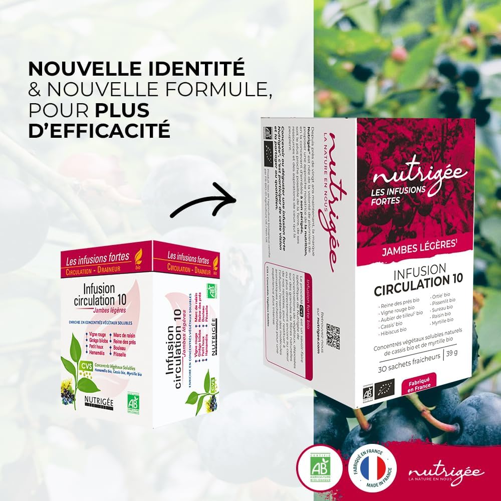 Infusion Circulation 10 Bio | Light Legs, Venous Tone, Drainage & Natural Detox | Red Vine, Blackcurrant, Hibiscus, Nettle, Organic Elderberry, Grape, Blueberry, Organic Meadowsweet | 30 Sachets