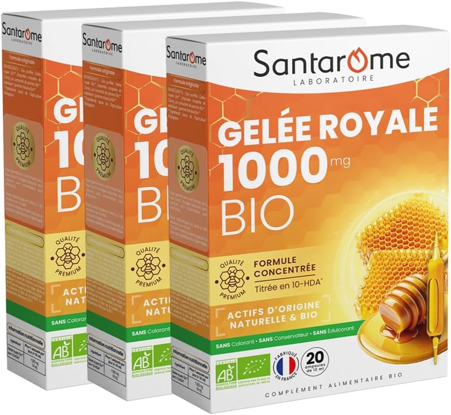 Santarome Royal Beehive Organic Royal Jelly 1000 mg - Immunity Supplement - Titled Formula in 10-HDA - Pack of 3 x 20 Ampoules - Made in France