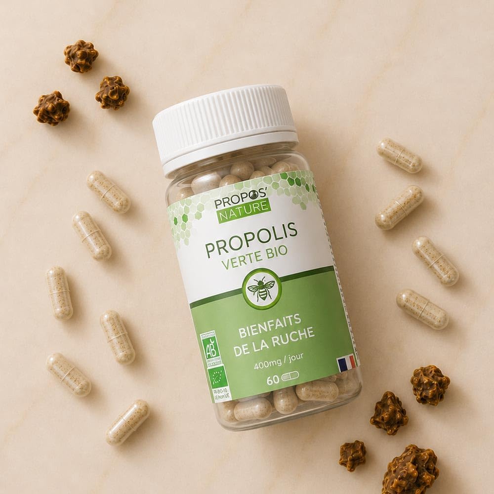 Green Propolis Organic Vegetable Capsules - 100mg/capsule - 60 capsules - No colouring or preservatives - Certified organic - Organic Farming - PROPOS'NATURE