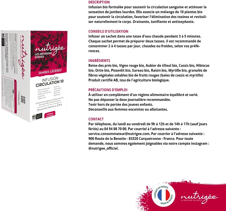 Infusion Circulation 10 Bio | Light Legs, Venous Tone, Drainage & Natural Detox | Red Vine, Blackcurrant, Hibiscus, Nettle, Organic Elderberry, Grape, Blueberry, Organic Meadowsweet | 30 Sachets