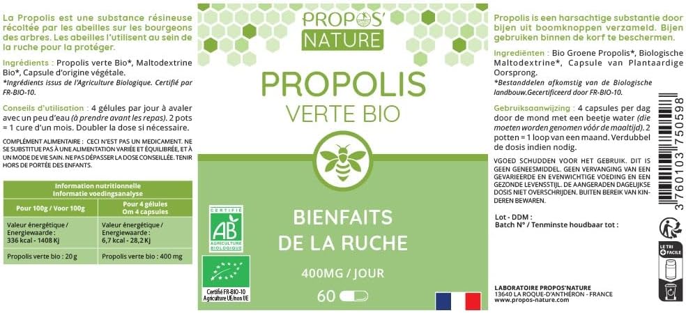Green Propolis Organic Vegetable Capsules - 100mg/capsule - 60 capsules - No colouring or preservatives - Certified organic - Organic Farming - PROPOS'NATURE