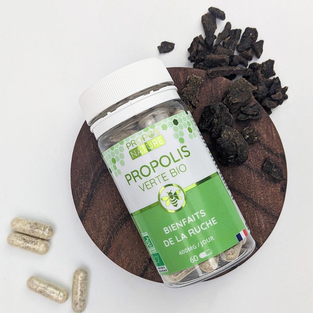 Green Propolis Organic Vegetable Capsules - 100mg/capsule - 60 capsules - No colouring or preservatives - Certified organic - Organic Farming - PROPOS'NATURE