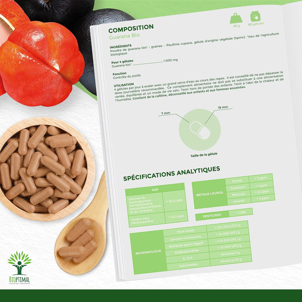 Organic Guarana - Bioptimal - Food Supplement - Slimming Energy Fat Burner - 40mg of Caffeine/Day - 250mg of Pure Guarana Powder/Capsule - Made in France - Ecocert Certified - In Capsules