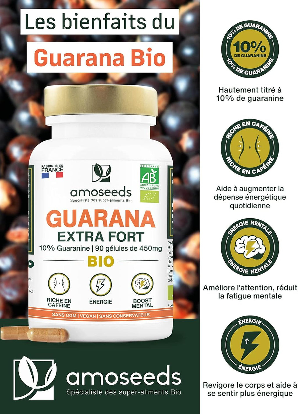 Guarana Organic | Extra Strong 4500mg/day | 10% Natural Caffeine | 90