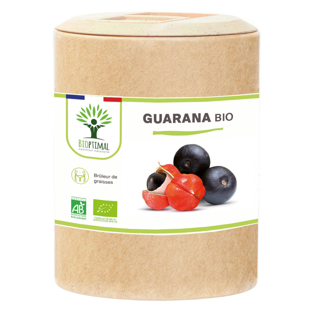 Organic Guarana - Bioptimal - Food Supplement - Slimming Energy Fat Burner - 40mg of Caffeine/Day - 250mg of Pure Guarana Powder/Capsule - Made in France - Ecocert Certified - In Capsules