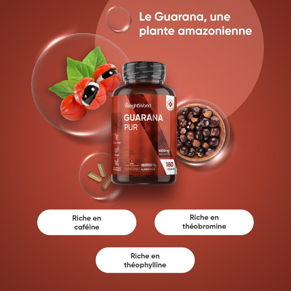 Guarana 4800 mg - 180 Vegan Capsules for 3 Months - Natural Source of Caffeine, Vitamin C, E, A, B1, B2, Calcium - Alternative to Guarana Powder & Regular Coffee, Magnesium Stearate Free