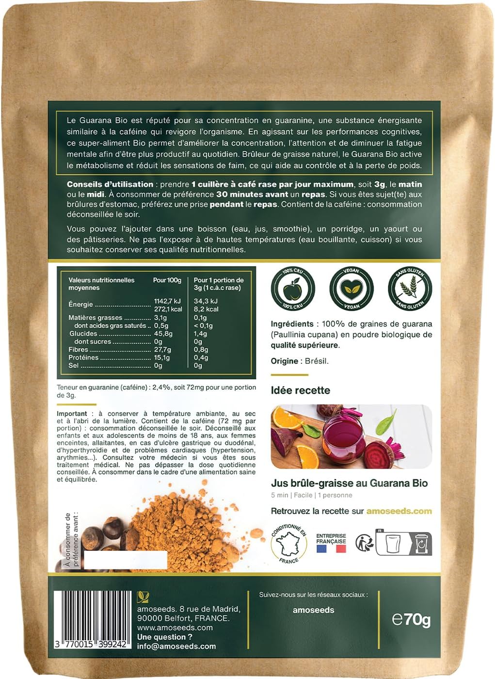 Organic Guarana Powder 70g | Weight Control, Boost Energy | 100% Natural (Pack of 2)