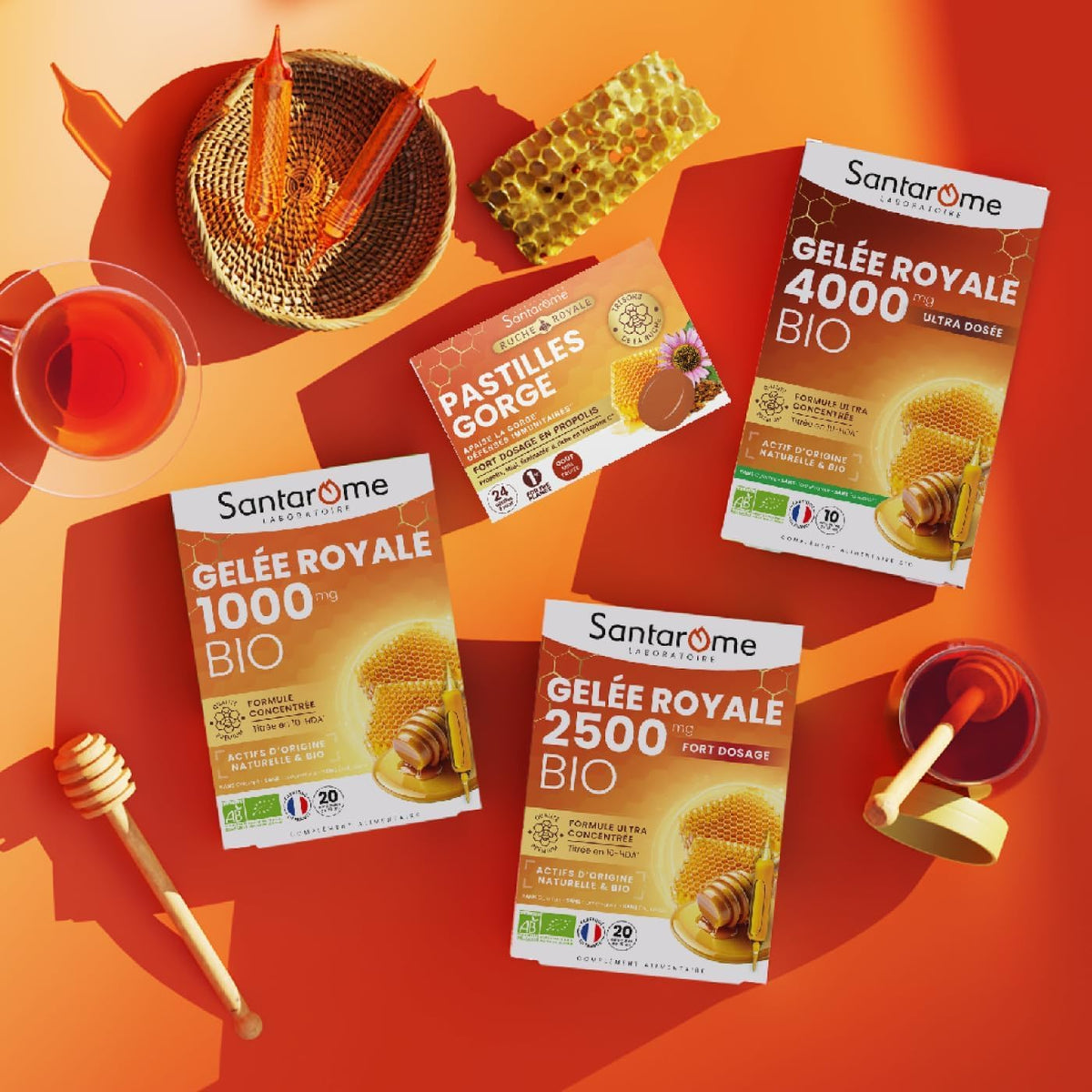 Santarome Royal Beehive Organic Royal Jelly 1000 mg - Immunity Supplement - Titled Formula in 10-HDA - Pack of 3 x 20 Ampoules - Made in France