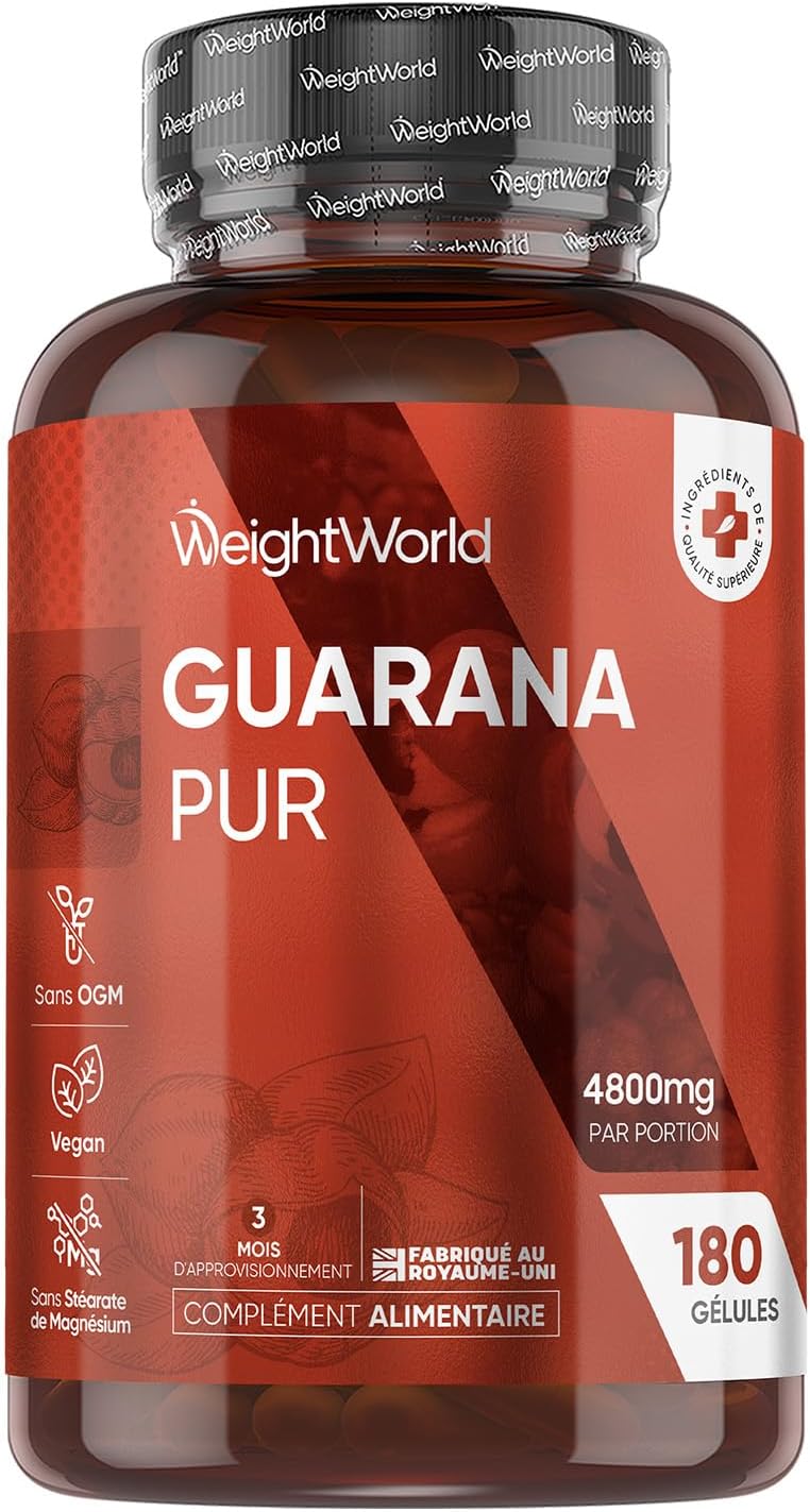 Guarana 4800 mg - 180 Vegan Capsules for 3 Months - Natural Source of Caffeine, Vitamin C, E, A, B1, B2, Calcium - Alternative to Guarana Powder & Regular Coffee, Magnesium Stearate Free