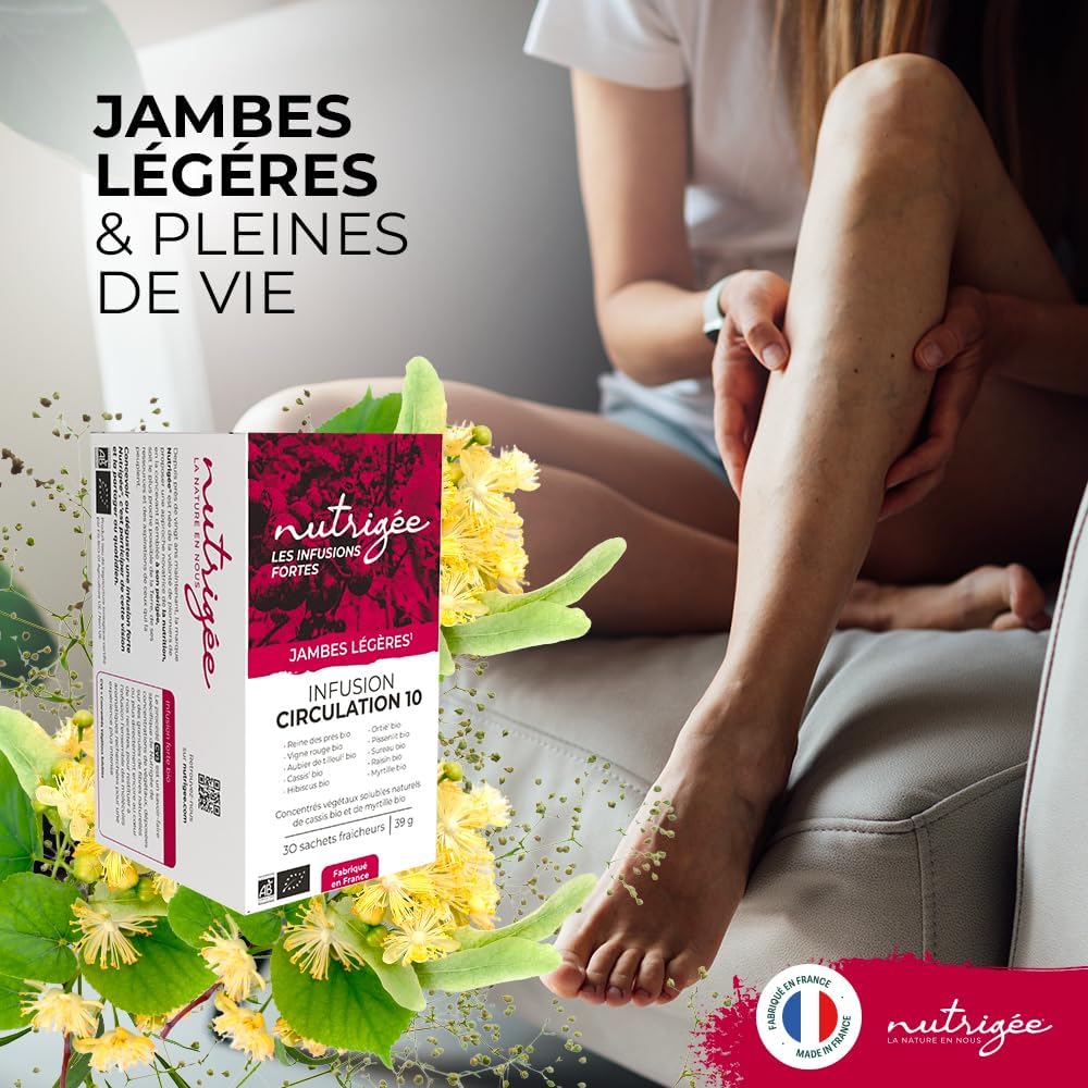 Infusion Circulation 10 Bio | Light Legs, Venous Tone, Drainage & Natural Detox | Red Vine, Blackcurrant, Hibiscus, Nettle, Organic Elderberry, Grape, Blueberry, Organic Meadowsweet | 30 Sachets