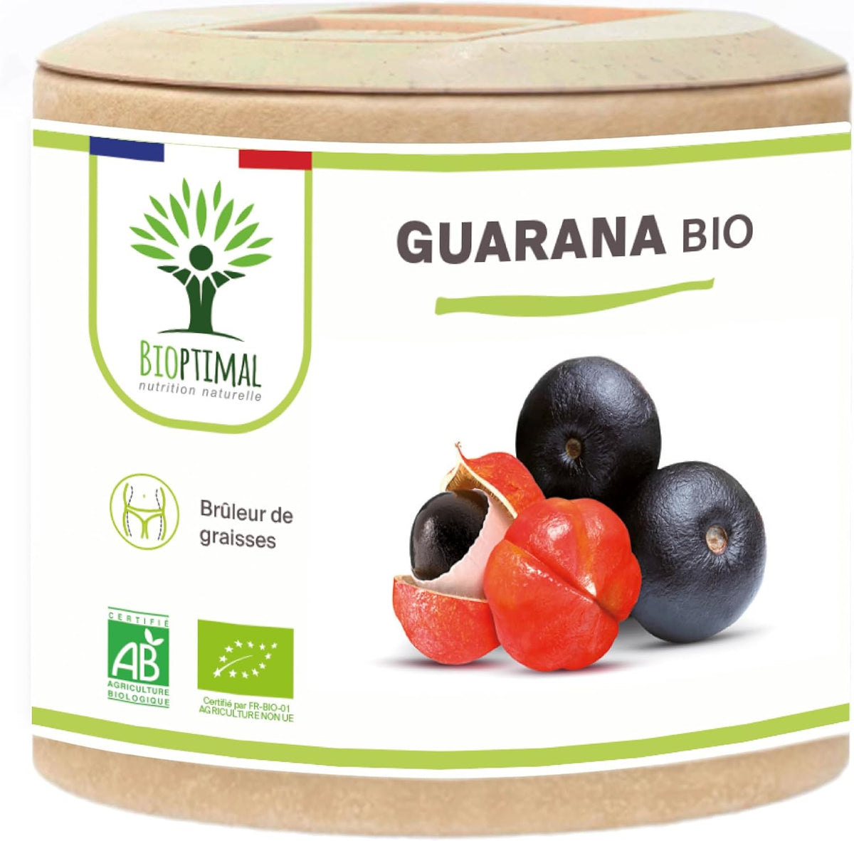 Organic Guarana - Bioptimal - Food Supplement - Slimming Energy Fat Burner - 40mg of Caffeine/Day - 250mg of Pure Guarana Powder/Capsule - Made in France - Ecocert Certified - In Capsules