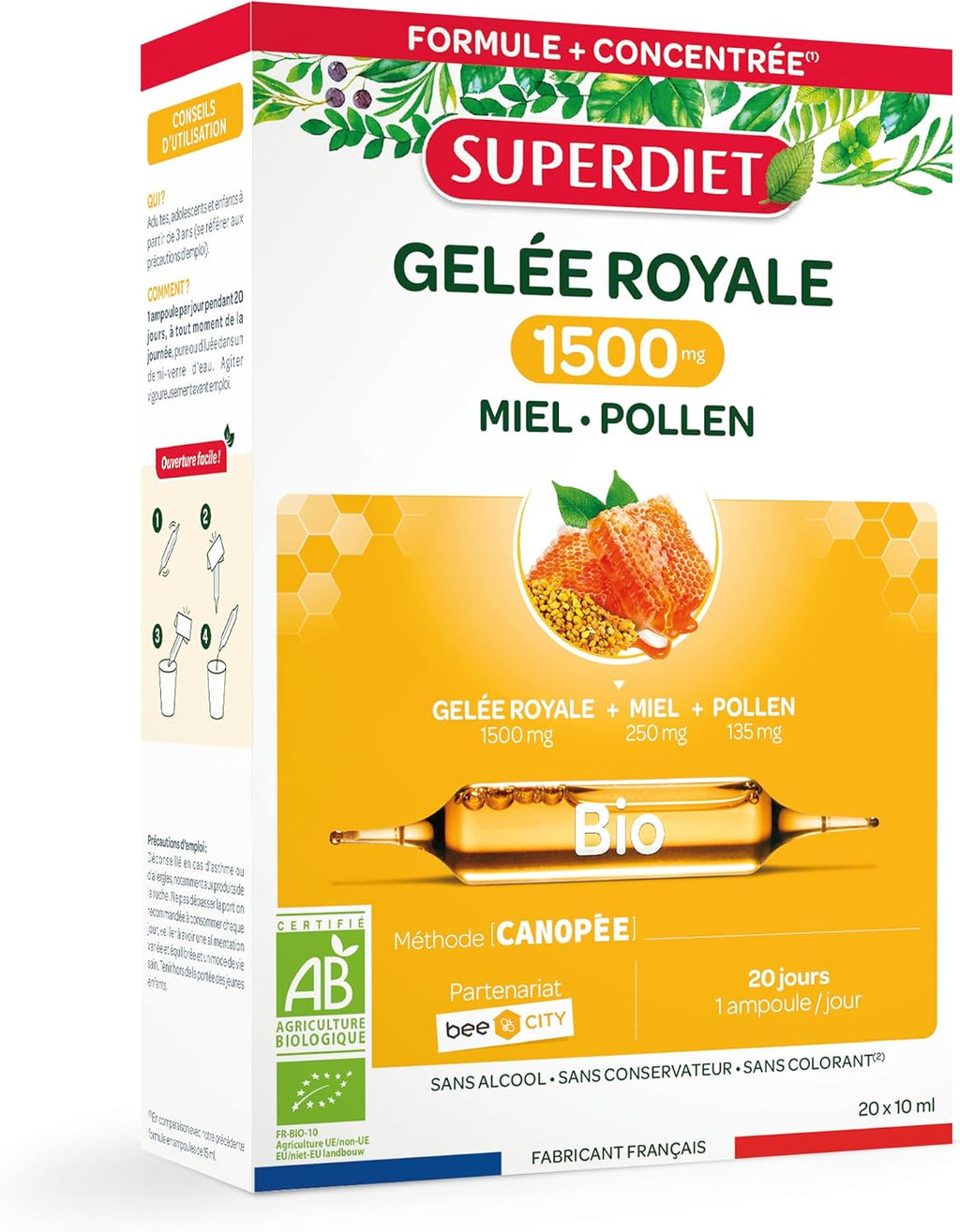 Immune defenses - Royal Jelly 1500mg, honey, pollen - Organic - Ampoules