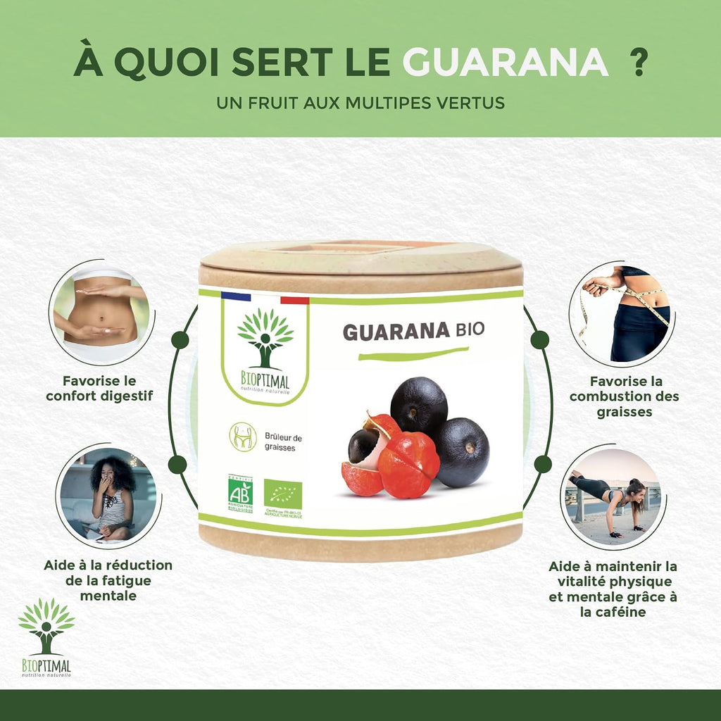 Organic Guarana - Bioptimal - Food Supplement - Slimming Energy Fat Burner - 40mg of Caffeine/Day - 250mg of Pure Guarana Powder/Capsule - Made in France - Ecocert Certified - In Capsules