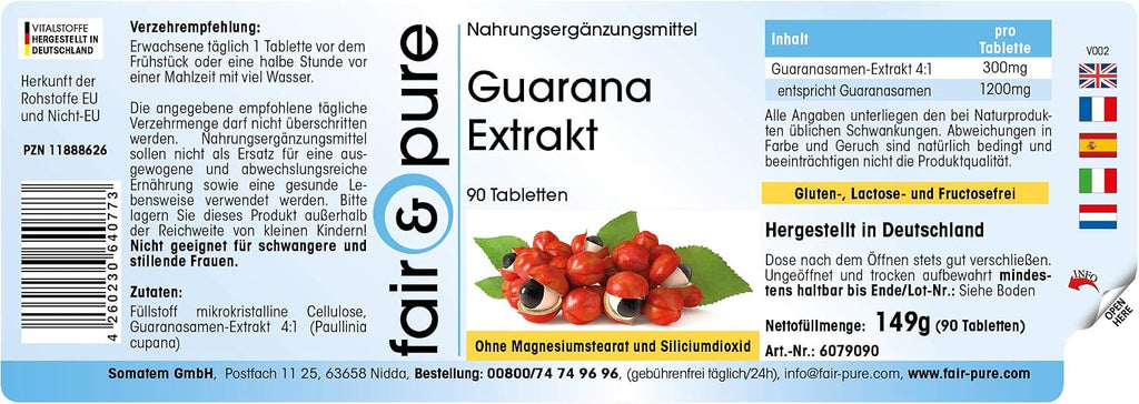 Fair & Pure - Guarana Extract - Strong - with 1200mg of Guarana per tablet - vegan - 90 tablets