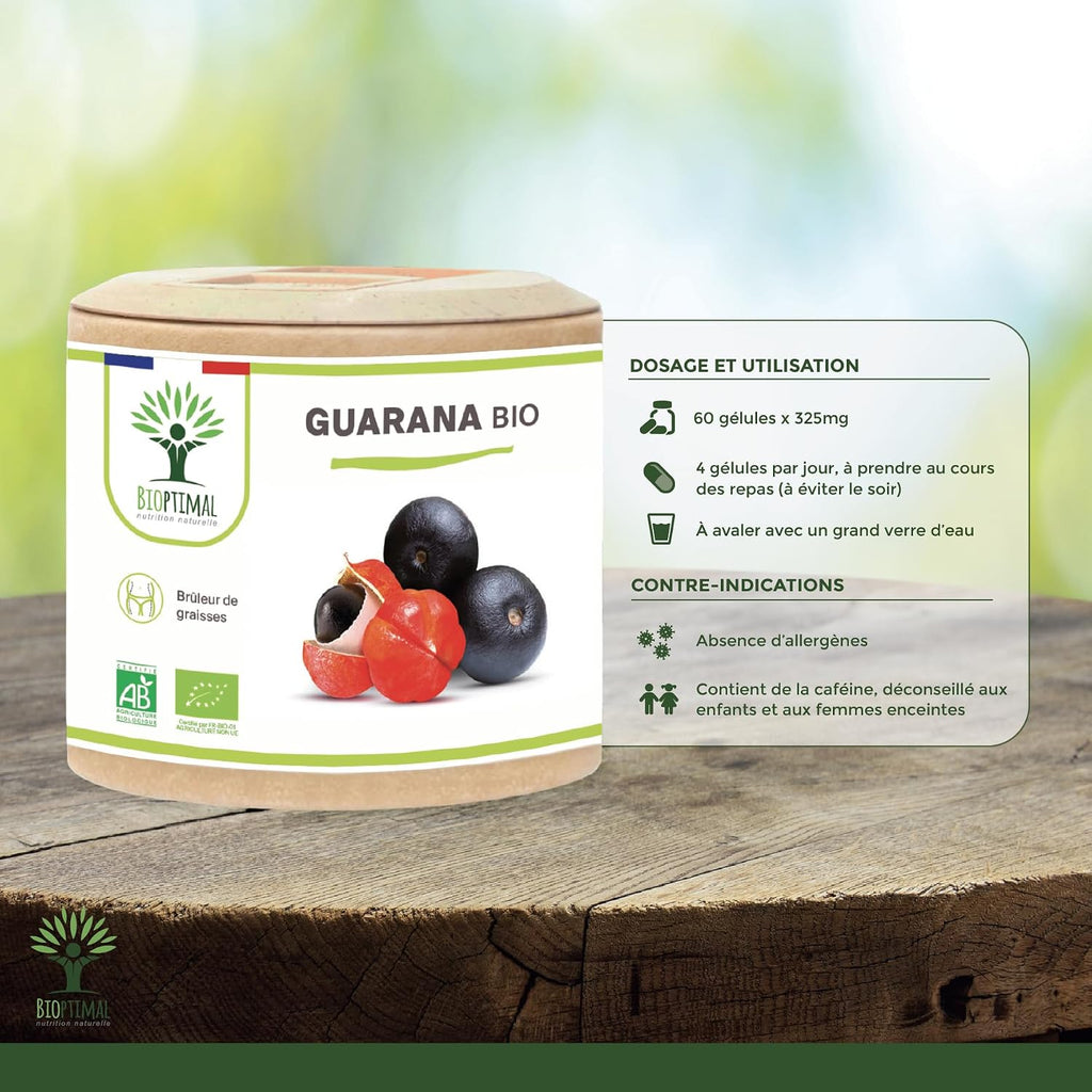 Organic Guarana - Bioptimal - Food Supplement - Slimming Energy Fat Burner - 40mg of Caffeine/Day - 250mg of Pure Guarana Powder/Capsule - Made in France - Ecocert Certified - In Capsules