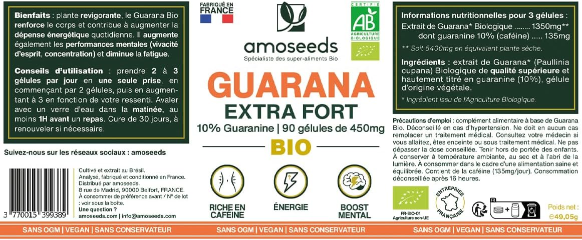Guarana Organic | Extra Strong 4500mg/day | 10% Natural Caffeine | 90