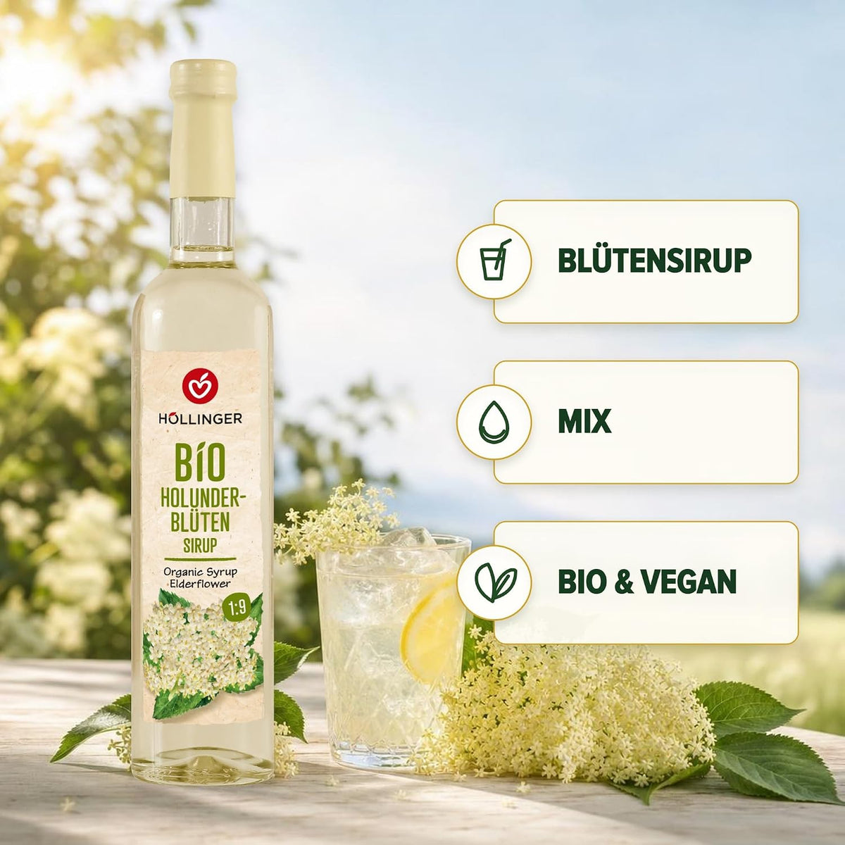 Höllinger bio Elderflower syrup - vegan, glass bottle 3x500ml - floral refreshment