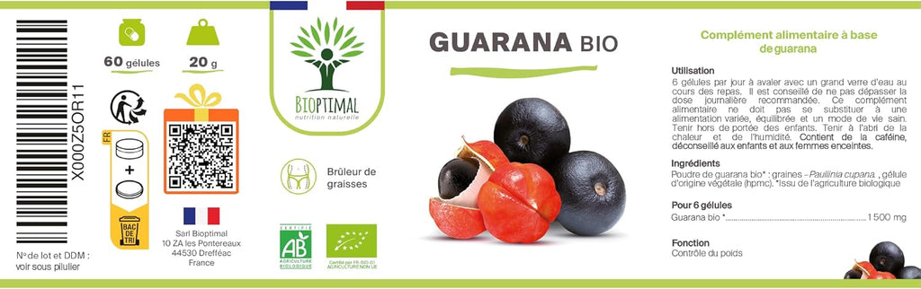 Organic Guarana - Bioptimal - Food Supplement - Slimming Energy Fat Burner - 40mg of Caffeine/Day - 250mg of Pure Guarana Powder/Capsule - Made in France - Ecocert Certified - In Capsules
