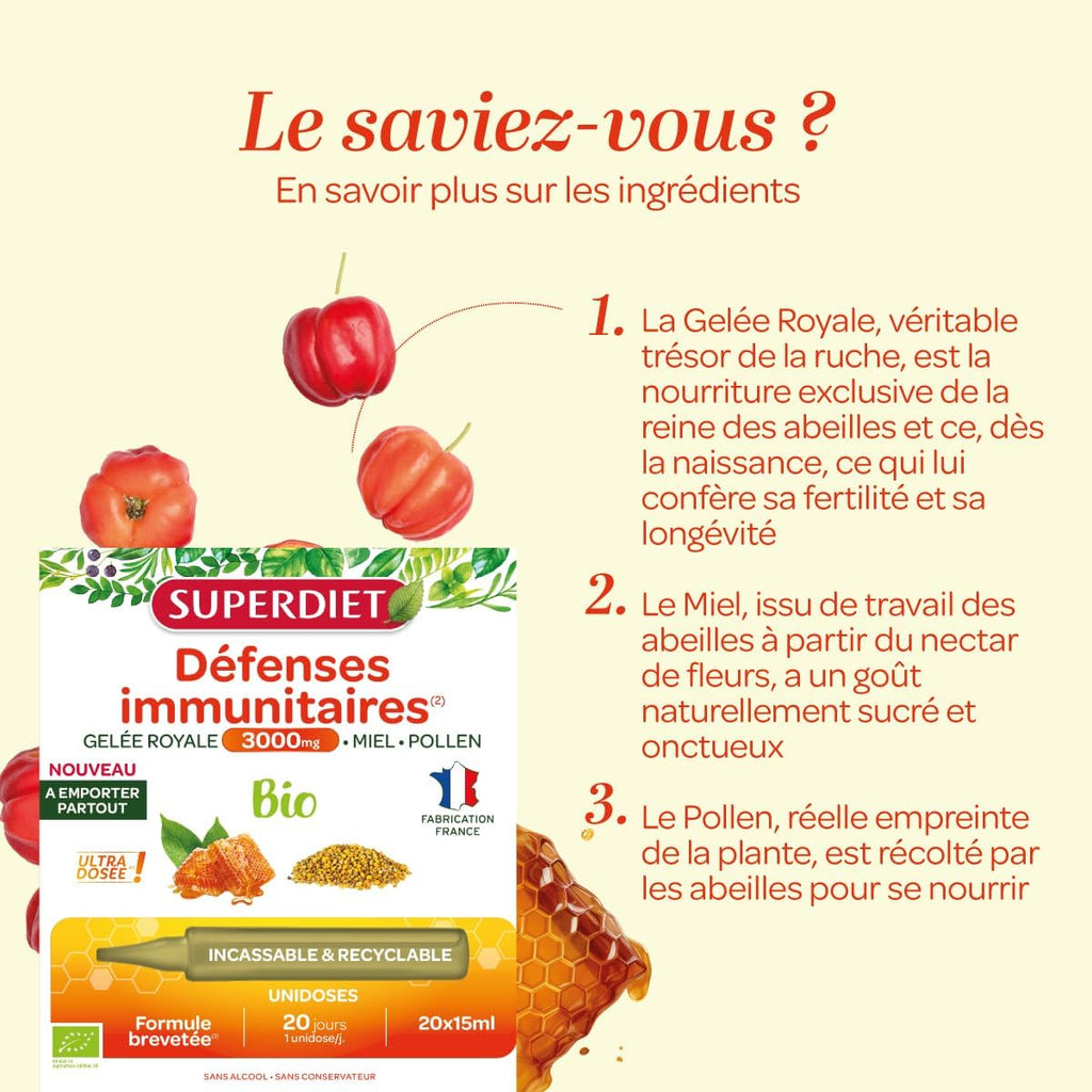 Immune defenses - Royal Jelly 3000mg, honey, pollen - Organic - Unidoses