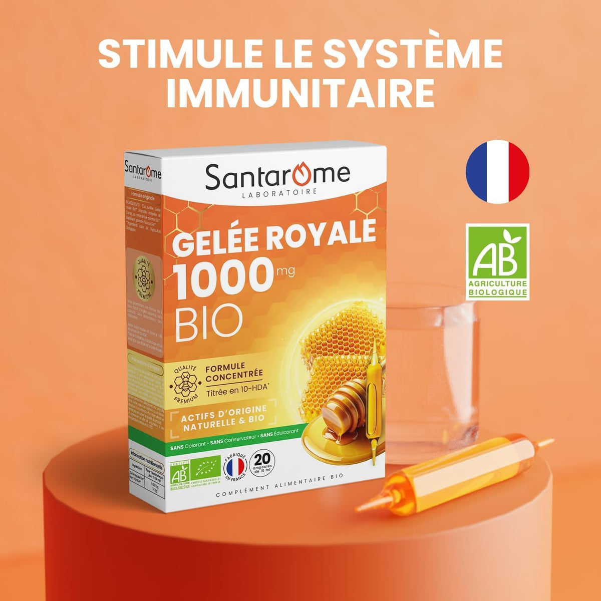 Santarome Royal Beehive Organic Royal Jelly 1000 mg - Immunity Supplement - Titled Formula in 10-HDA - Pack of 3 x 20 Ampoules - Made in France