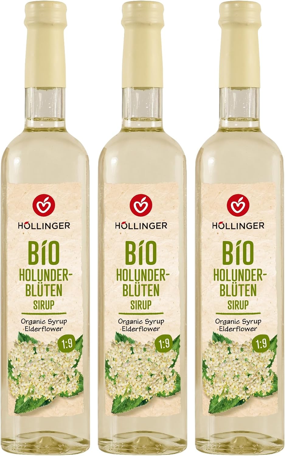 Höllinger bio Elderflower syrup - vegan, glass bottle 3x500ml - floral refreshment
