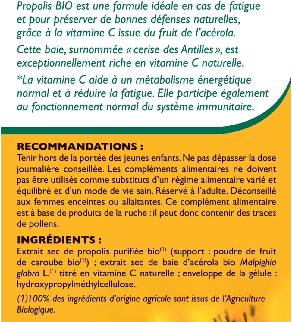 BLANCHE BRESSON - Organic Propolis - Energy & Immunity - Organic Acerola - Natural Vitamin C - Fights Fatigue & Season Change, Vitality - 60 Capsules - 30 Day Treatment - Made in France