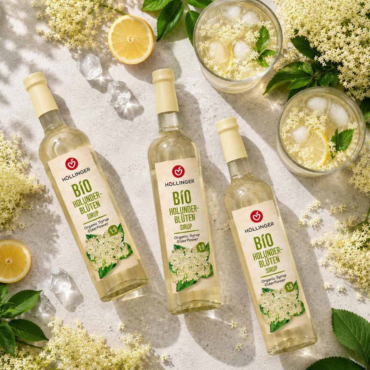 Höllinger bio Elderflower syrup - vegan, glass bottle 3x500ml - floral refreshment