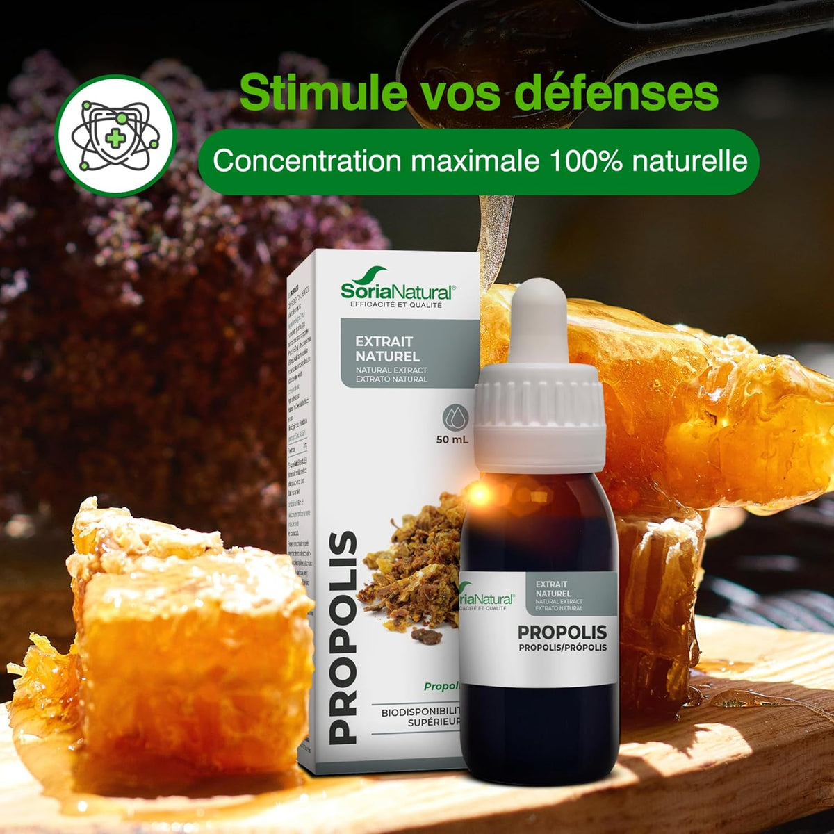 Propolis Pure Natural Extract 50 ml - Strengthens Defenses, Relieves Sore Throat and Protects Airways - Soria Natural