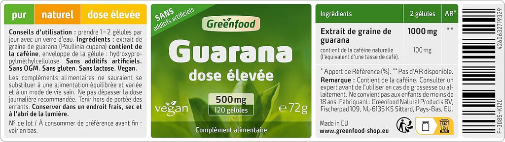 Greenfood Guarana, 500 mg, High Dose, 120 Capsules - NO Additives