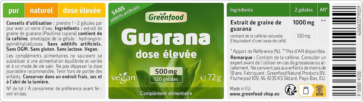 Greenfood Guarana, 500 mg, High Dose, 120 Capsules - NO Additives