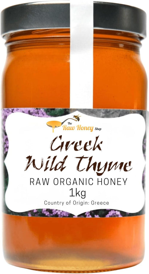 GREEK ORGANIC WILD THYME HONEY 1kg - 100% RAW & UNPASTEURIZED - Harvested in the Peloponnese, Herbaceous & Fruity Flavors, Cold Pressed, Roughly Filtered - The Raw Honey Shop