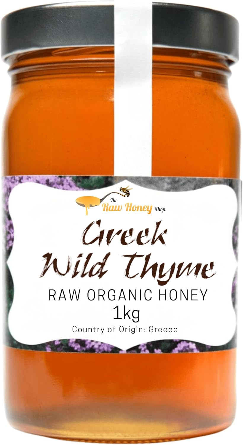 GREEK ORGANIC WILD THYME HONEY 1kg - 100% RAW & UNPASTEURIZED - Harvested in the Peloponnese, Herbaceous & Fruity Flavors, Cold Pressed, Roughly Filtered - The Raw Honey Shop