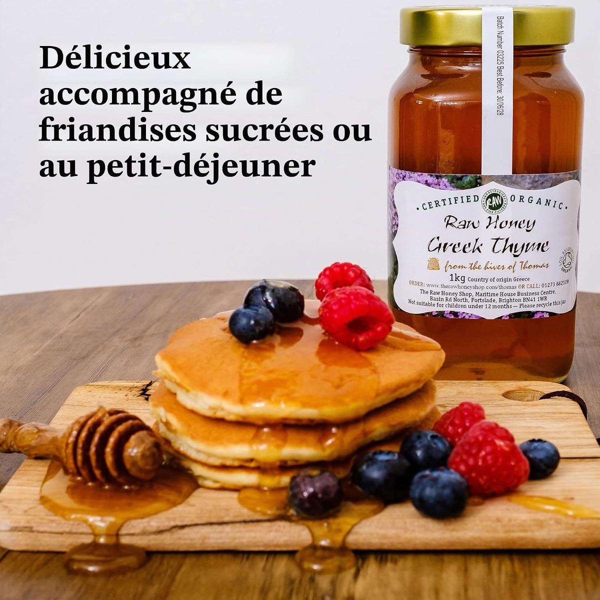 GREEK ORGANIC WILD THYME HONEY 1kg - 100% RAW & UNPASTEURIZED - Harvested in the Peloponnese, Herbaceous & Fruity Flavors, Cold Pressed, Roughly Filtered - The Raw Honey Shop