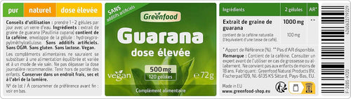 Greenfood Guarana, 500 mg, High Dose, 120 Capsules - NO Additives
