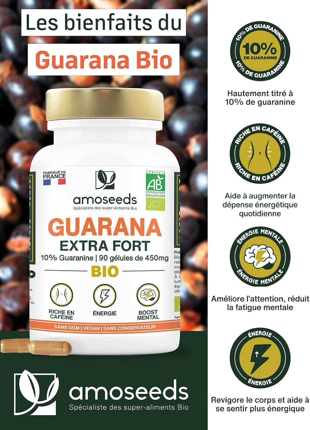 Guarana Organic | Extra Strong 4500mg/day | 10% Natural Caffeine | 90