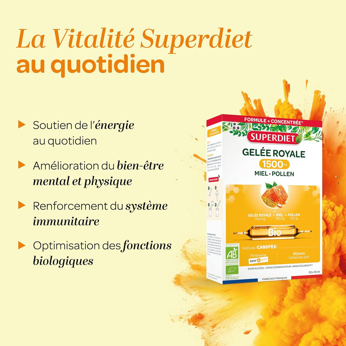 Immune defenses - Royal Jelly 1500mg, honey, pollen - Organic - Ampoules