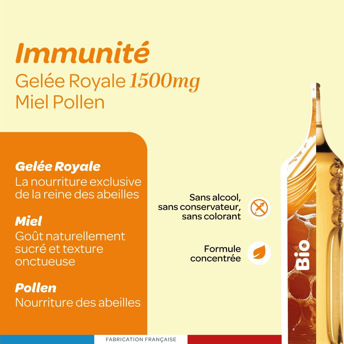 Immune defenses - Royal Jelly 1500mg, honey, pollen - Organic - Ampoules