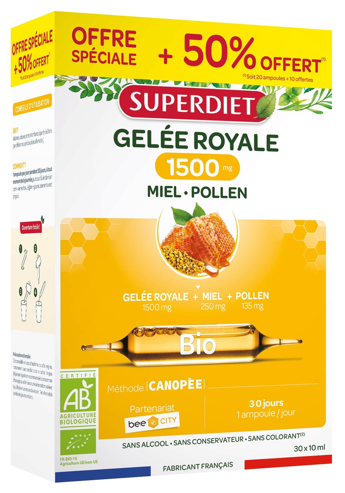 Immune defenses - Royal Jelly 1500mg, honey, pollen - Organic - Ampoules