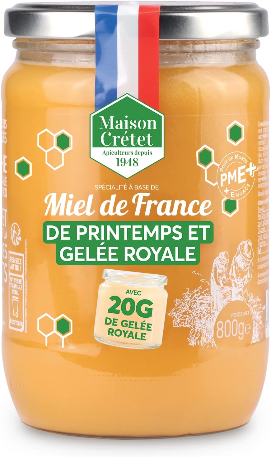 Maison Crétet | Spring French Honey and Royal Jelly | Unpasteurized honey harvested in France in glass jar | preparation in 800G jar