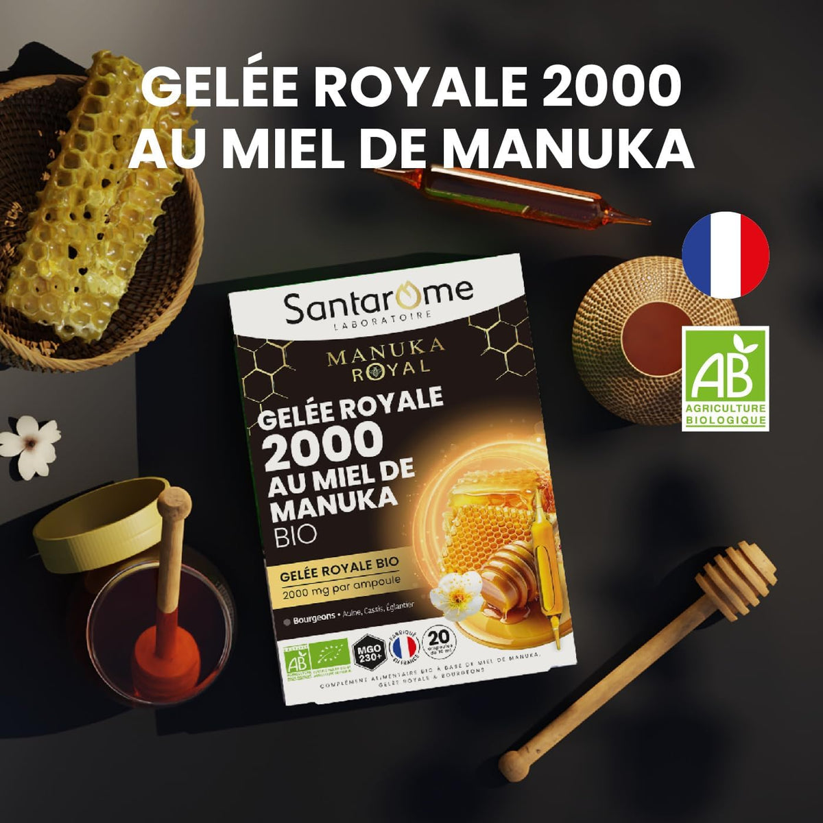SANTAROME 2000 Organic Royal Jelly with Manuka Honey - Immunity - 20 Ampoules