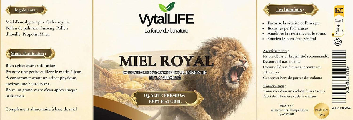 VytalLIFE Honey with Royal Jelly, Ginseng & Maca - 100% Pure Eucalyptus Aphrodisiac Honey 250g - Enriched with Propolis, Bee Pollen - Energy & Vitality - Natural Men's Testosterone Booster